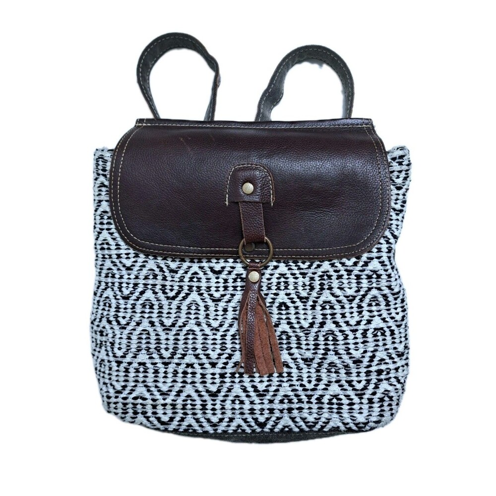 Myra Bag Western Backpack Leather Canvas Flap Black White Leffis Upcycled